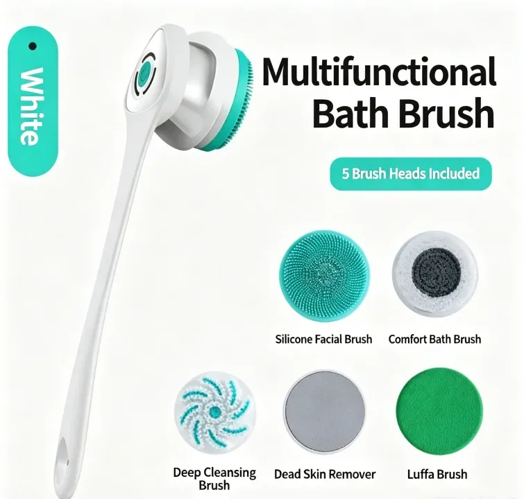 Brosse de douche électrique multifonction imperméable à long manche, pour le dos et le visage 2