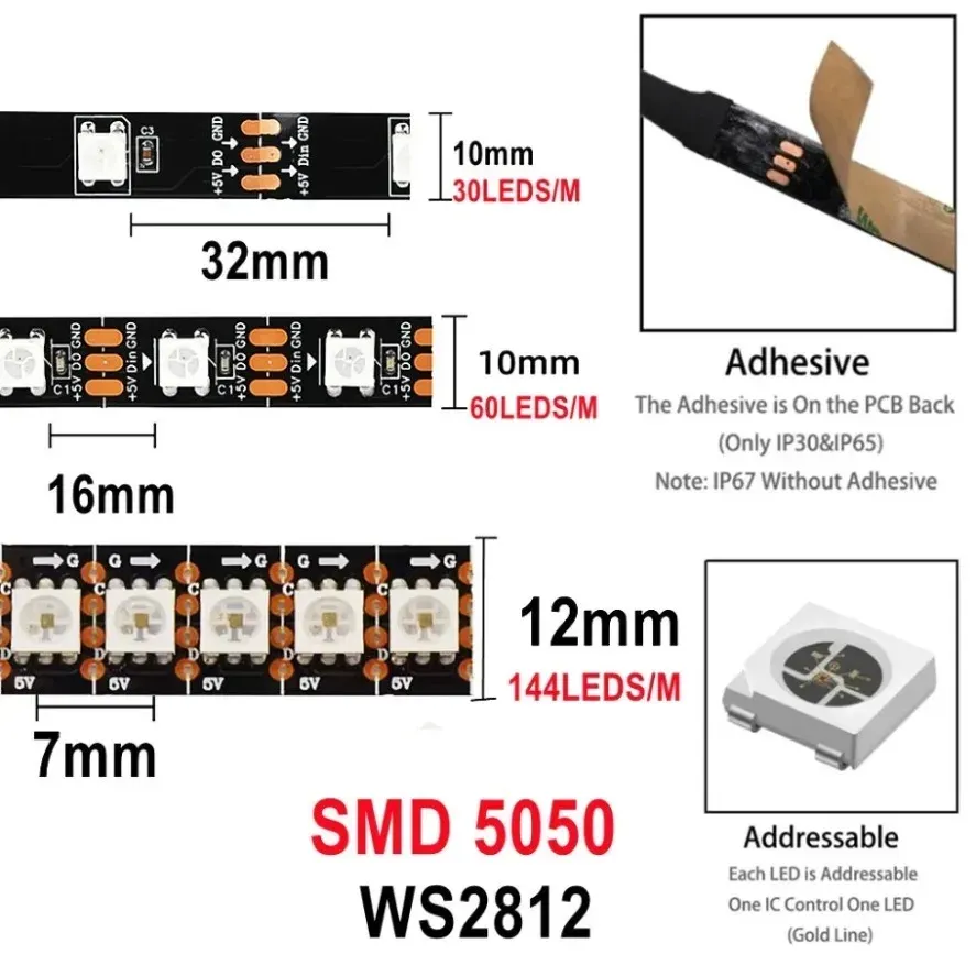 Bande LED intelligente RGBIC WS2812B 5050 adressable individuellement, 30/60/144 pixels/m, DC5V, noir, IP30/IP67 3