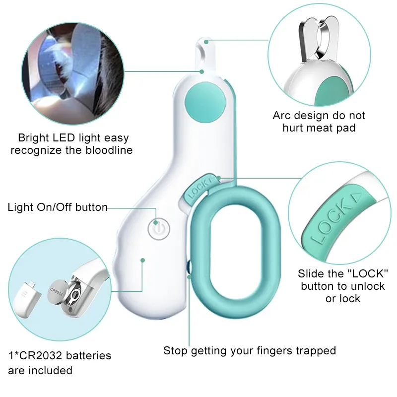 Coupe-ongles professionnel pour animaux de compagnie avec lumière LED, ciseaux de toilettage pour chats et petits chiens 2