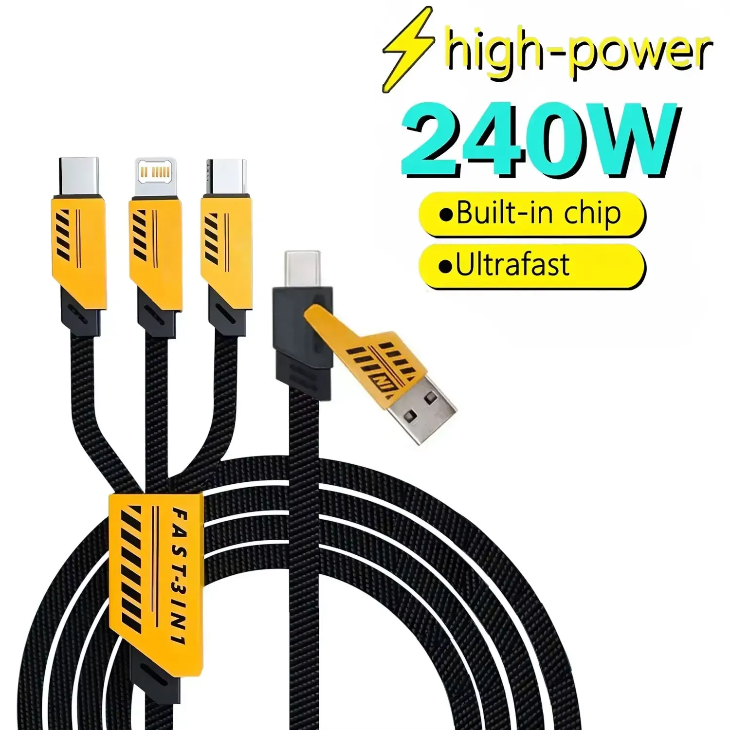 Câble de charge rapide 3 en 1 240 W, 1,2 m, compatible Micro USB, USB Type-C et Lightning, multi-ports USB