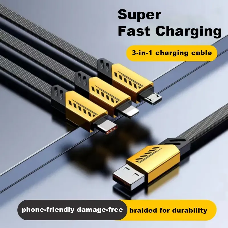 Câble de charge rapide 3 en 1 240 W, 1,2 m, compatible Micro USB, USB Type-C et Lightning, multi-ports USB 6