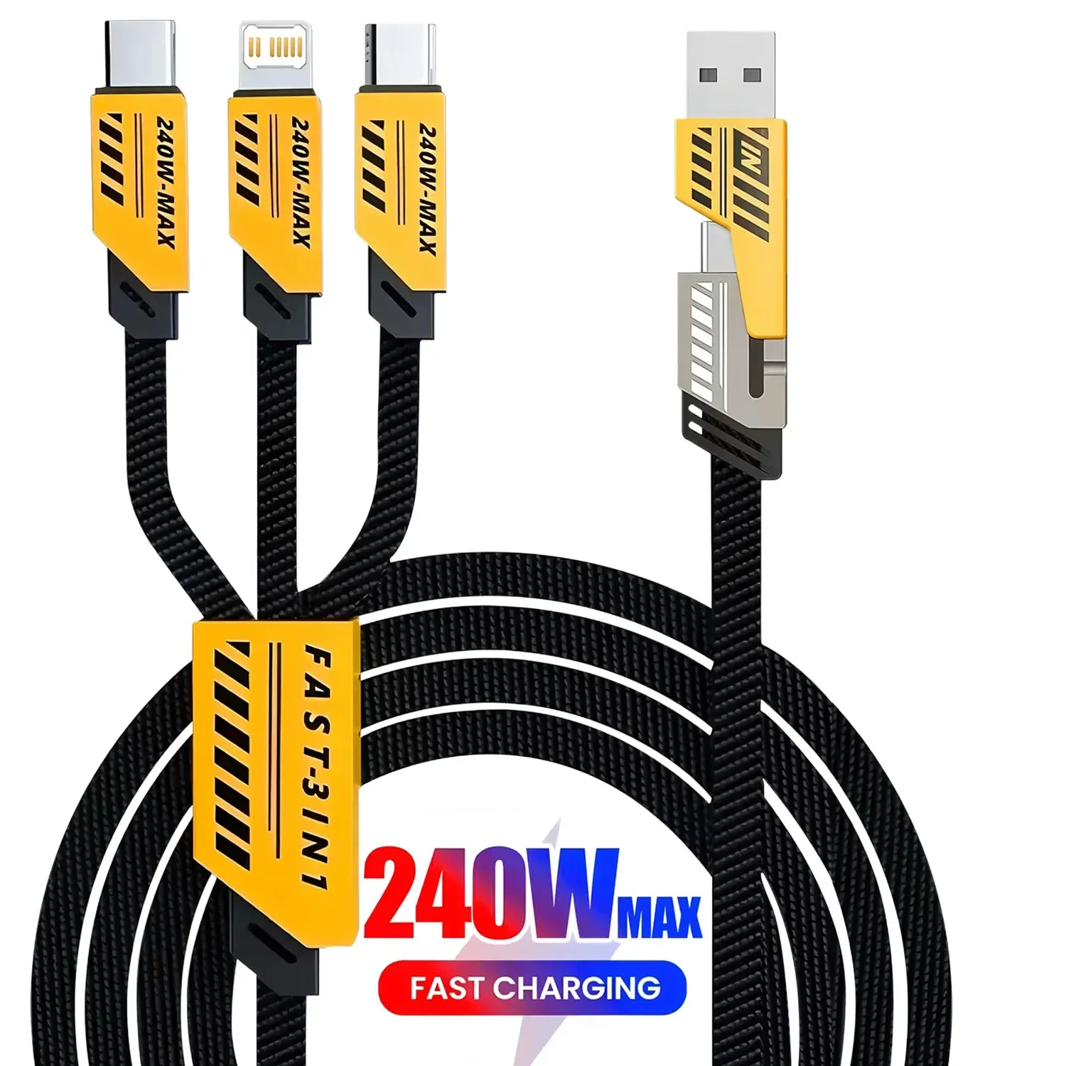 Câble de charge rapide 3 en 1 240 W, 1,2 m, compatible Micro USB, USB Type-C et Lightning, multi-ports USB 7