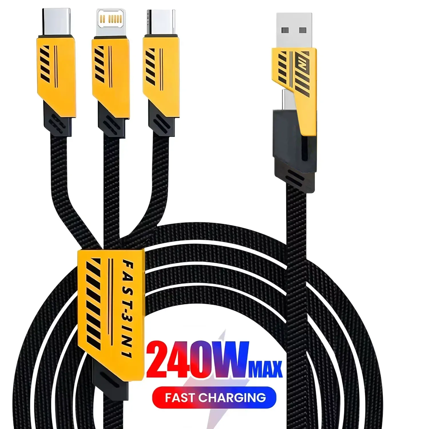 Câble de charge rapide 3 en 1 240 W, 1,2 m, compatible Micro USB, USB Type-C et Lightning, multi-ports USB 8
