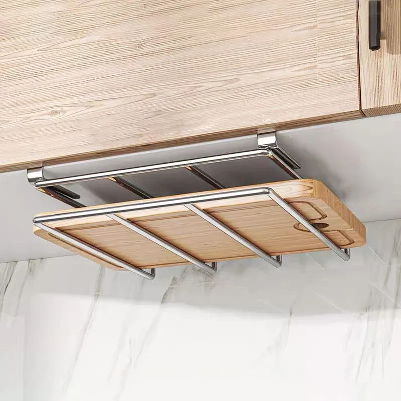 Support organisateur de planche à découper sous armoire, planche à découper suspendue de cuisine, couvercle de pot, support de rangement d'ustensiles de cuisine en acier inoxydable 2