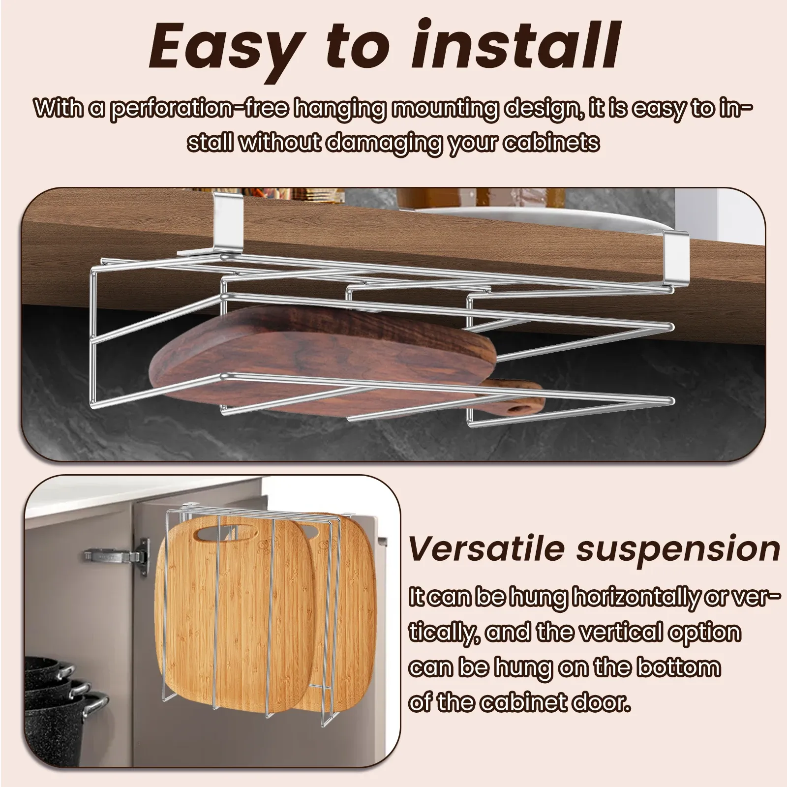 Support organisateur de planche à découper sous armoire, planche à découper suspendue de cuisine, couvercle de pot, support de rangement d'ustensiles de cuisine en acier inoxydable 3