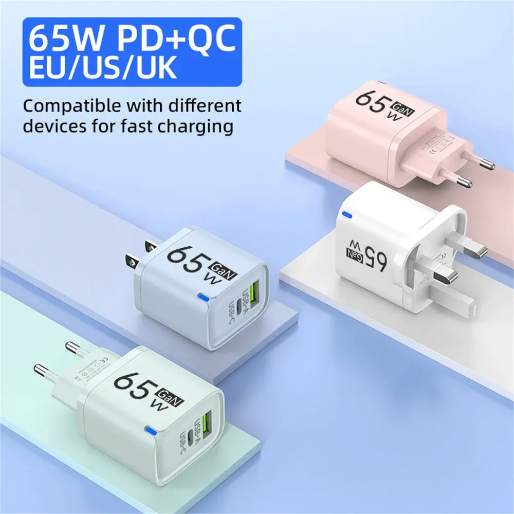 Chargeur USB-C 65 W à charge rapide, adaptateur mural pour téléphone portable, compatible iPhone, Honor, Xiaomi, Huawei, Samsung et OnePlus 2