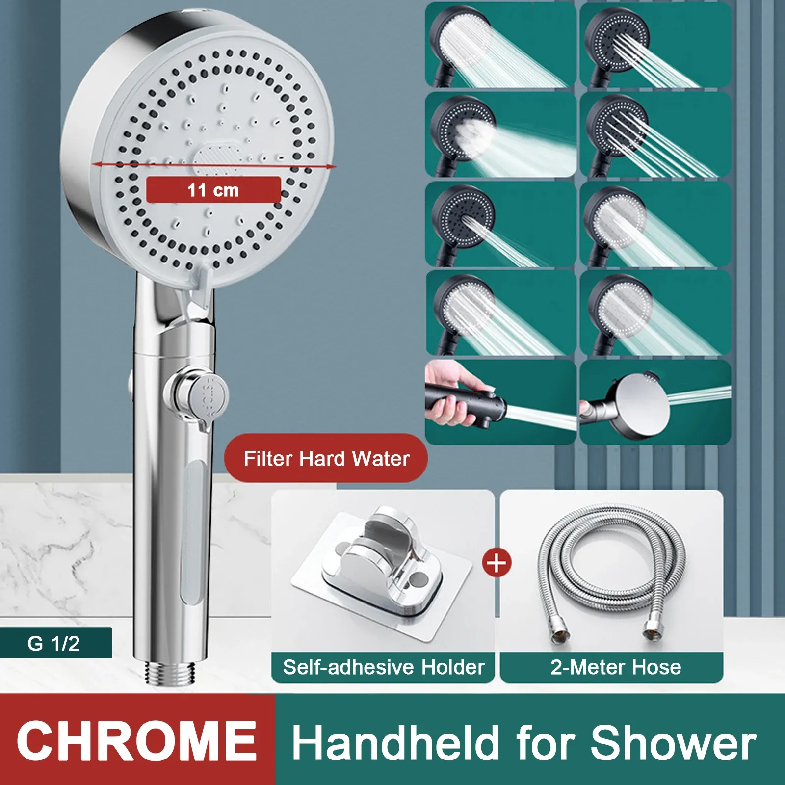 Pommeau de douche à main haute pression, 10 modes, économie d'eau, noir, portable, massage pluie 7