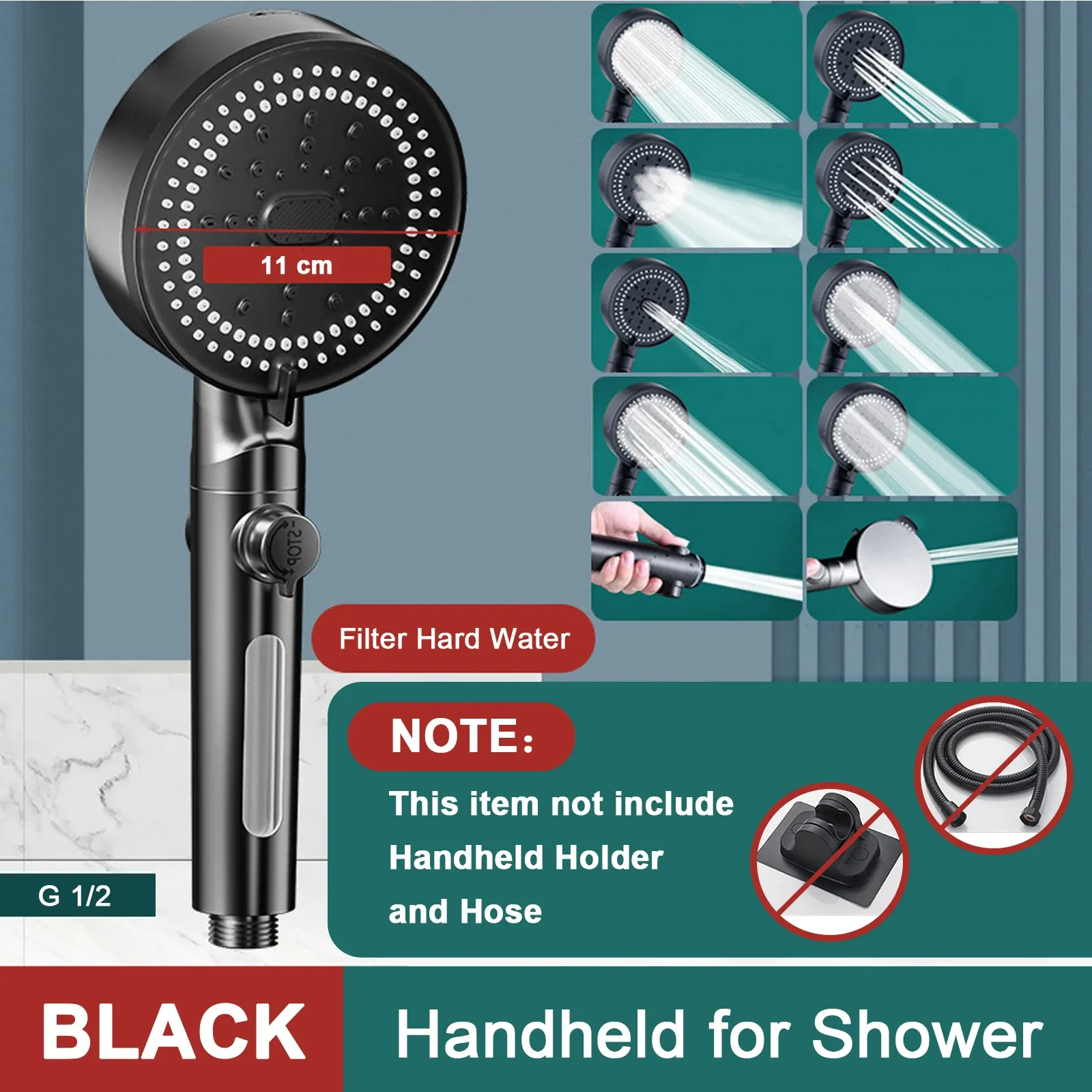 Pommeau de douche à main haute pression, 10 modes, économie d'eau, noir, portable, massage pluie 9