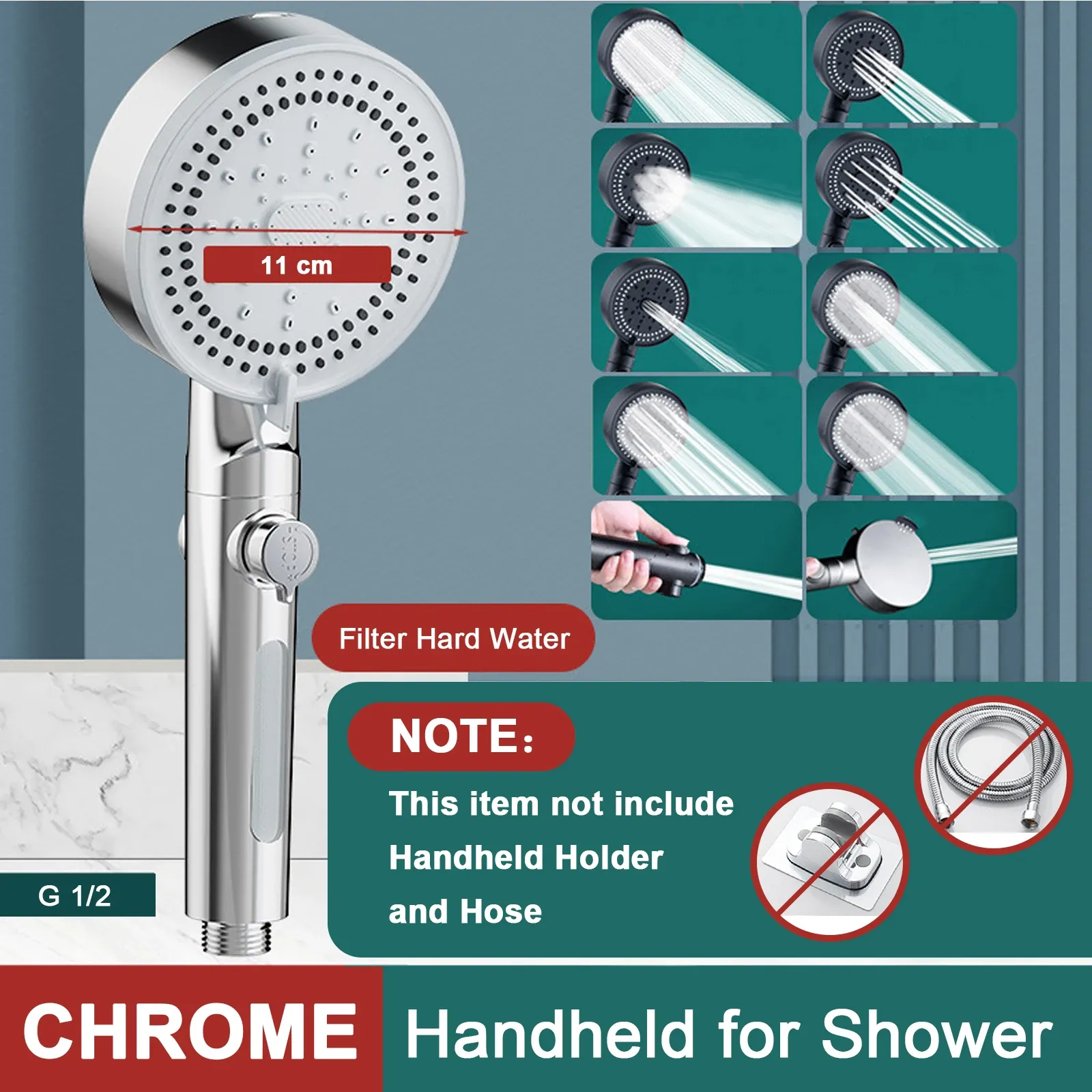 Pommeau de douche à main haute pression, 10 modes, économie d'eau, noir, portable, massage pluie 11