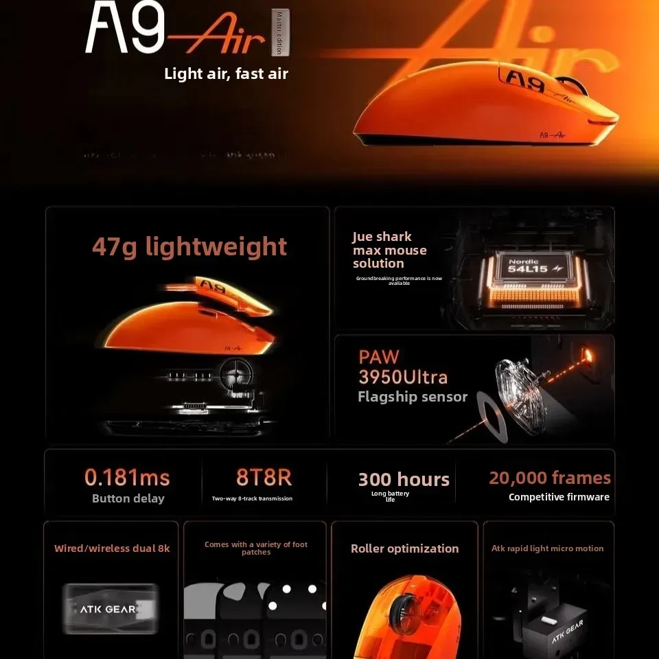 Souris de jeu sans fil ATK A9 Air Ultimate, Bluetooth, ultralégère, capteur PAW3950, 8K, pour l'esport FPS 6