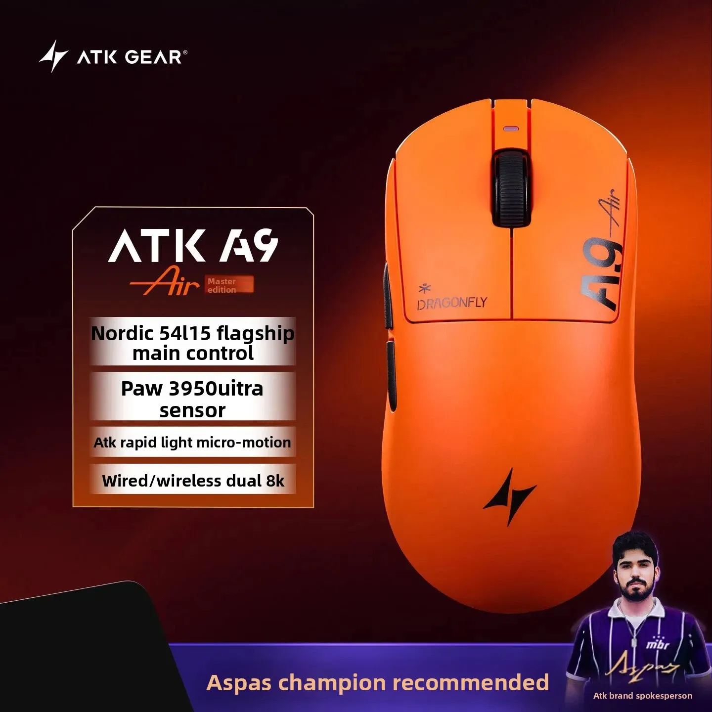 Souris de jeu sans fil ATK A9 Air Ultimate, Bluetooth, ultralégère, capteur PAW3950, 8K, pour l'esport FPS 7