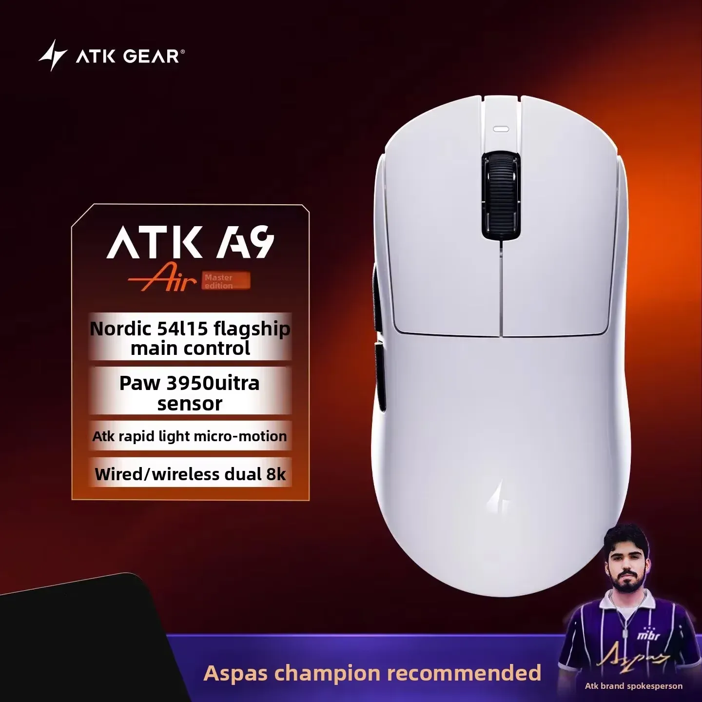 Souris de jeu sans fil ATK A9 Air Ultimate, Bluetooth, ultralégère, capteur PAW3950, 8K, pour l'esport FPS 10