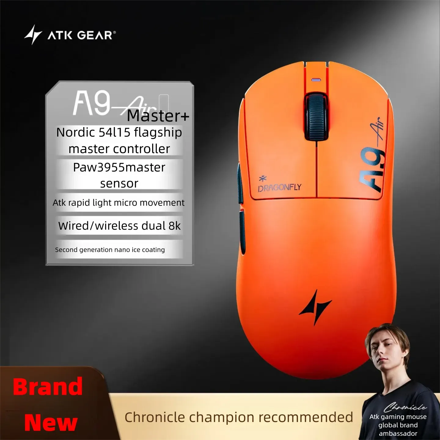 Souris de jeu sans fil ATK A9 Air Ultimate, Bluetooth, ultralégère, capteur PAW3950, 8K, pour l'esport FPS 9