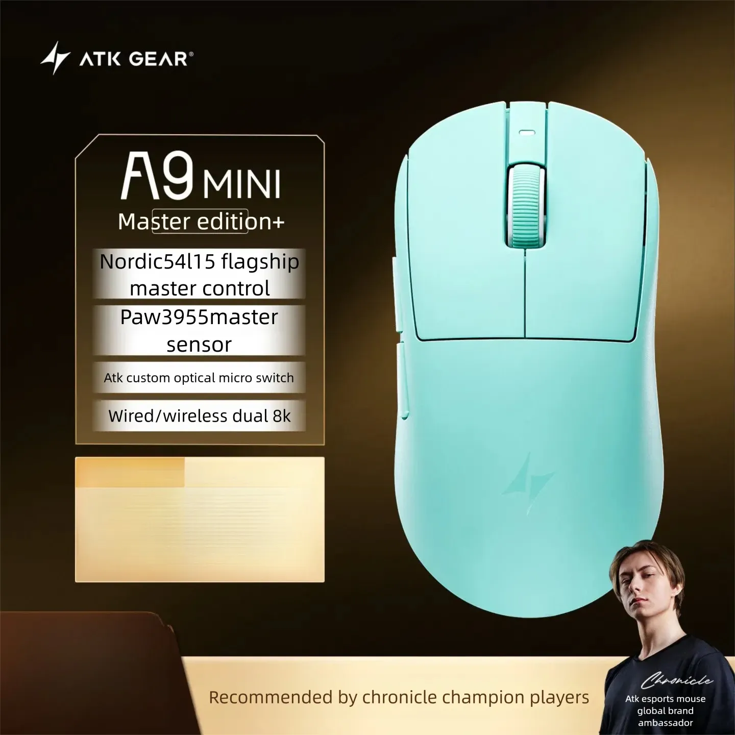 Souris de jeu sans fil ATK A9 Air Ultimate, Bluetooth, ultralégère, capteur PAW3950, 8K, pour l'esport FPS 14