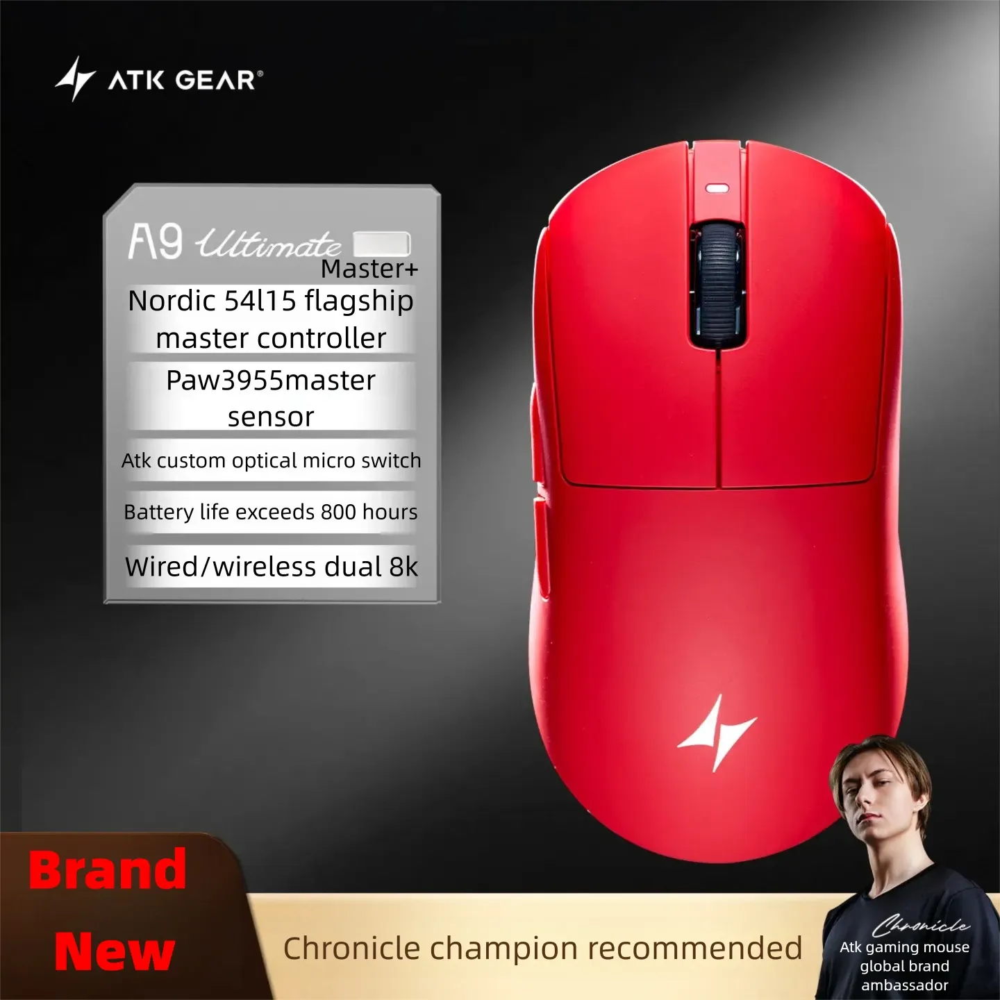 Souris de jeu sans fil ATK A9 Air Ultimate, Bluetooth, ultralégère, capteur PAW3950, 8K, pour l'esport FPS 13