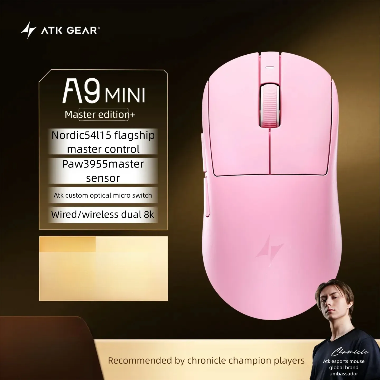 Souris de jeu sans fil ATK A9 Air Ultimate, Bluetooth, ultralégère, capteur PAW3950, 8K, pour l'esport FPS 20