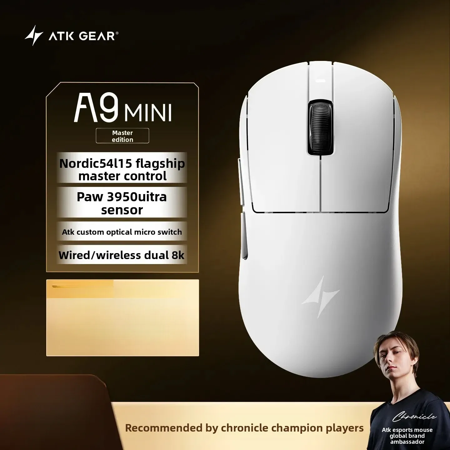 Souris de jeu sans fil ATK A9 Air Ultimate, Bluetooth, ultralégère, capteur PAW3950, 8K, pour l'esport FPS 19