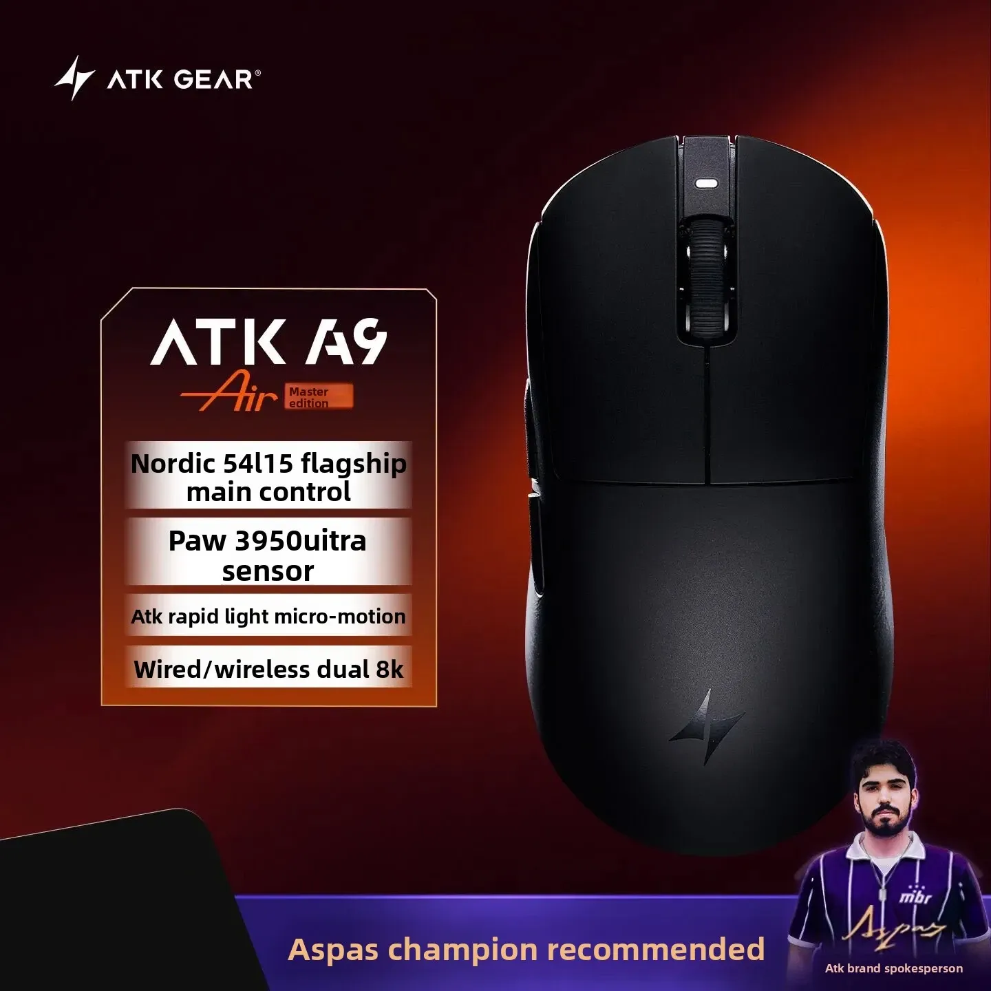 Souris de jeu sans fil ATK A9 Air Ultimate, Bluetooth, ultralégère, capteur PAW3950, 8K, pour l'esport FPS 24