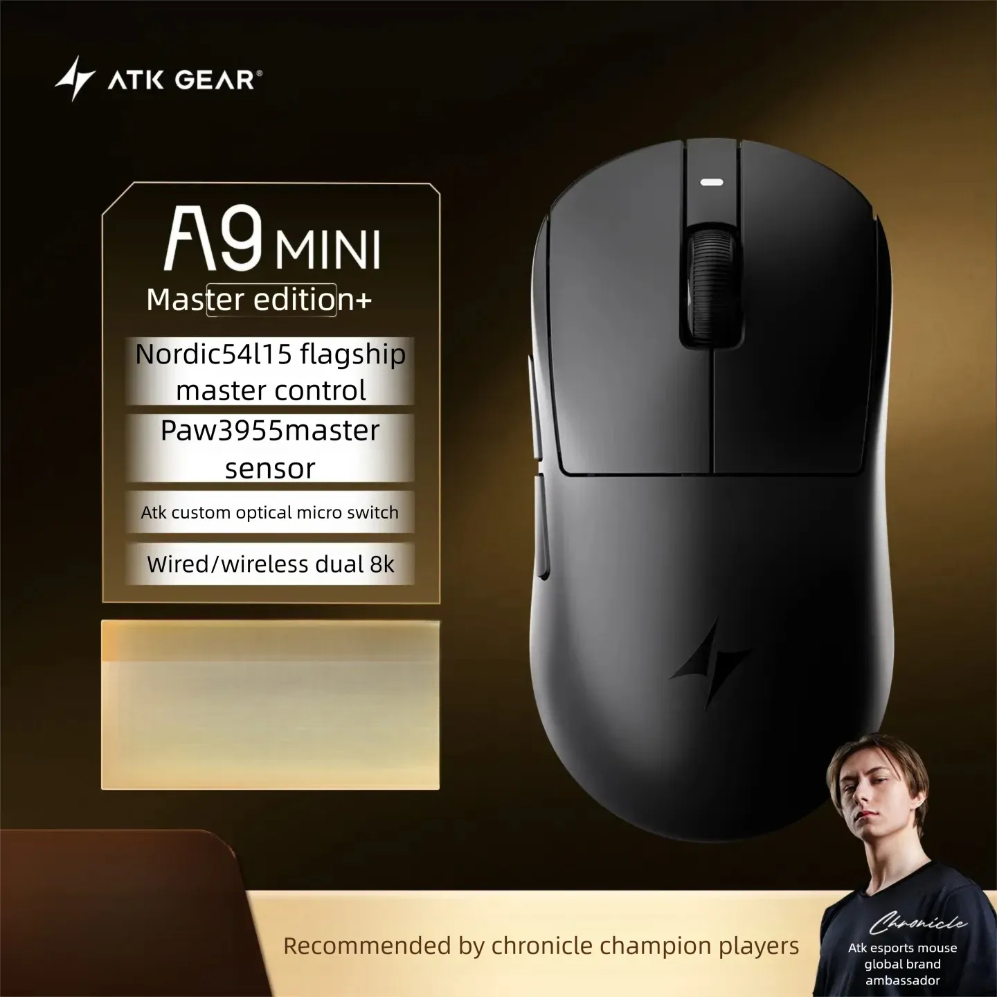 Souris de jeu sans fil ATK A9 Air Ultimate, Bluetooth, ultralégère, capteur PAW3950, 8K, pour l'esport FPS 27