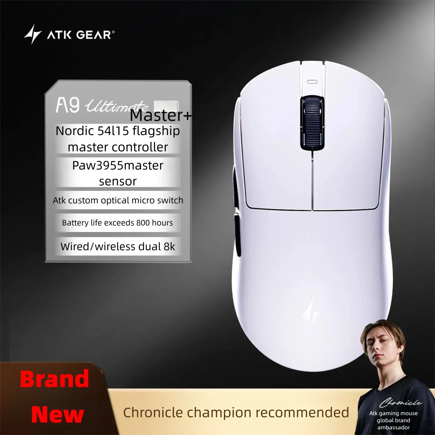 Souris de jeu sans fil ATK A9 Air Ultimate, Bluetooth, ultralégère, capteur PAW3950, 8K, pour l'esport FPS 26