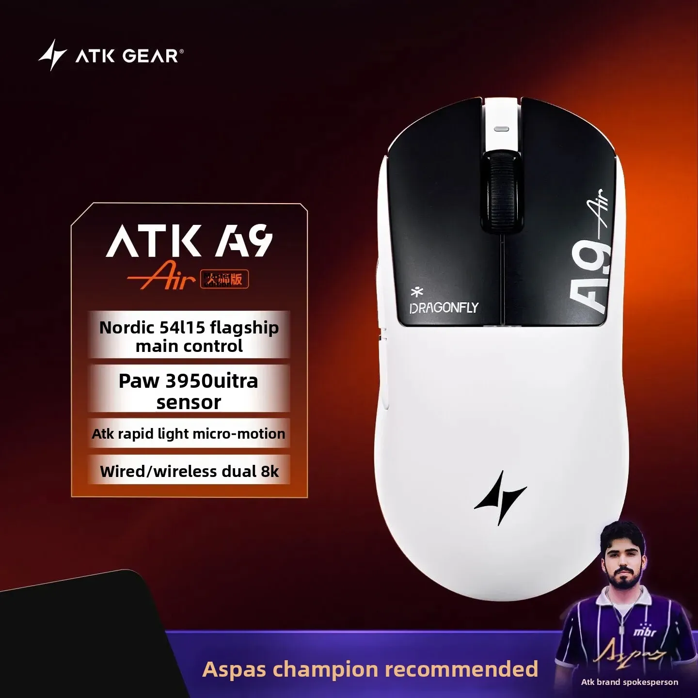 Souris de jeu sans fil ATK A9 Air Ultimate, Bluetooth, ultralégère, capteur PAW3950, 8K, pour l'esport FPS 25