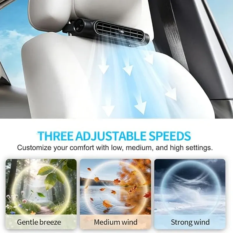 Ventilateur de refroidissement portable pour siège auto, 3 vitesses, batterie 3000 mAh, USB 5V/2A, fixation sur appui-tête 4