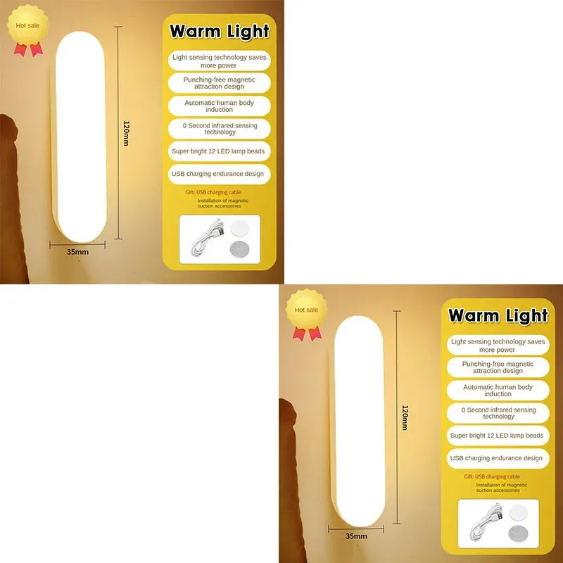 Veilleuse LED sans fil à détecteur de mouvement, rechargeable par USB, avec fixation magnétique pour armoire, chambre, placard, cuisine et couloir 12