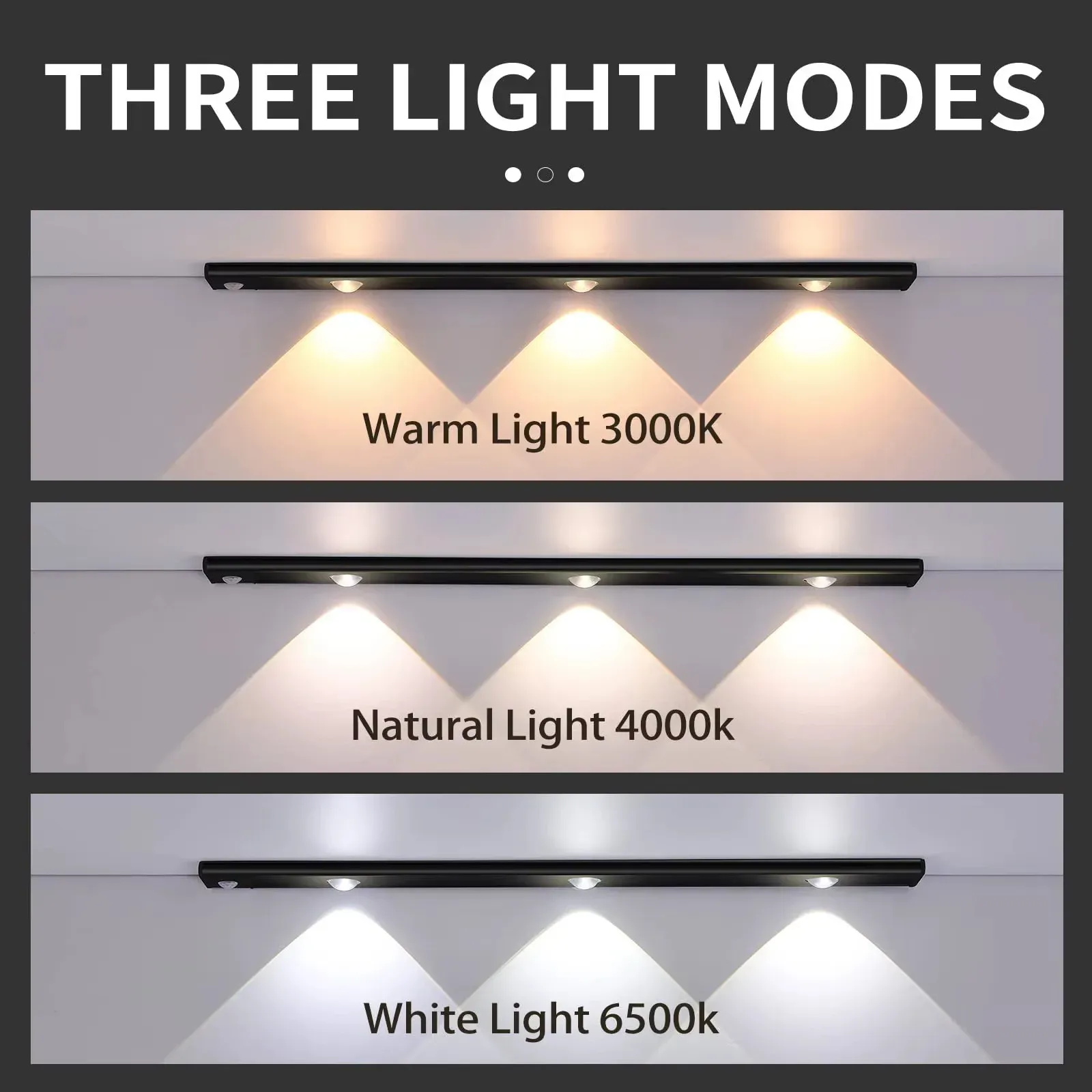 Lampes LED ultra fines sans fil avec capteur de mouvement, éclairage à 3 couleurs et intensité variable pour cuisine, chambre et garde-robe 2