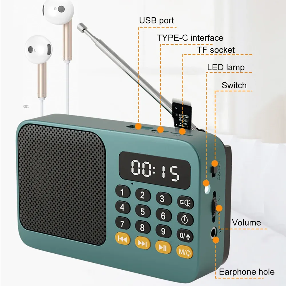 Radio FM portable avec lampe torche, rechargeable, lecteur de carte TF/clé USB, Bluetooth 5.0, lecteur MP3, haut-parleur sans fil 3