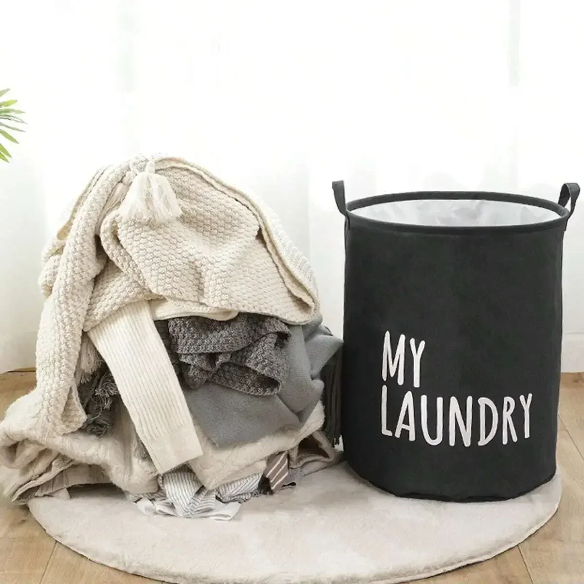 Panier à linge pliable en coton et lin, seau de rangement imperméable pour vêtements et jouets 4