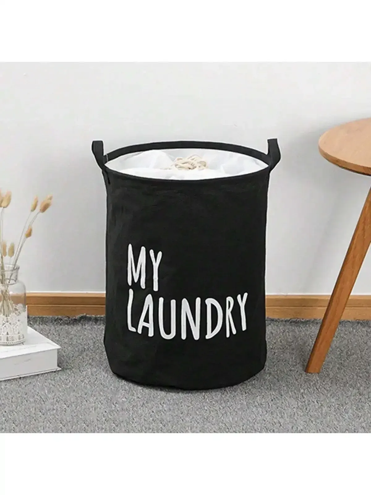 Détail du panier à linge pliable en coton et lin