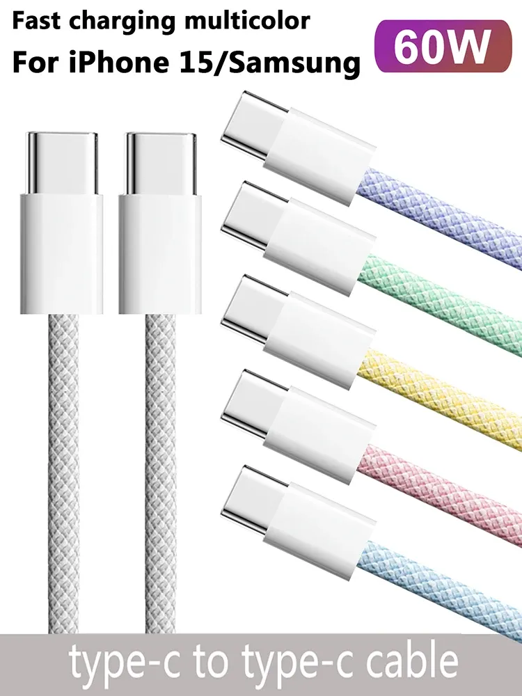 Câble USB-C vers USB-C tressé pour Apple iPhone 15, charge rapide PD 60 W, compatible Huawei, Xiaomi et Samsung