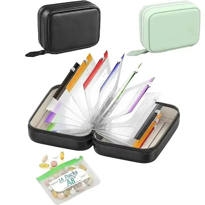 Organisateur hebdomadaire de pilules 7/14 compartiments, pochette à pilules codée par couleur, étui de rangement étanche pour médicaments, ensemble de pochettes portables pour vitamines et suppléments - Image 1