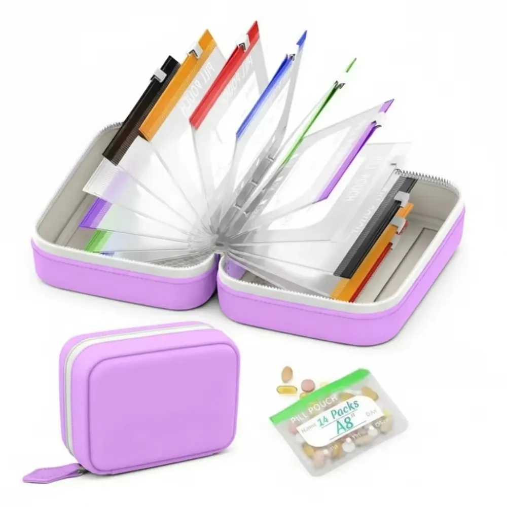 Organisateur hebdomadaire de pilules 7/14 compartiments, pochette à pilules codée par couleur, étui de rangement étanche pour médicaments, ensemble de pochettes portables pour vitamines et suppléments 11