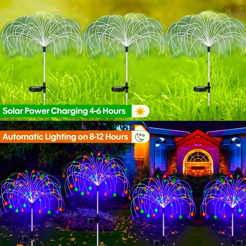 Lampe solaire LED effet feu d'artifice pour jardin et extérieur, guirlande lumineuse féerique étanche 3