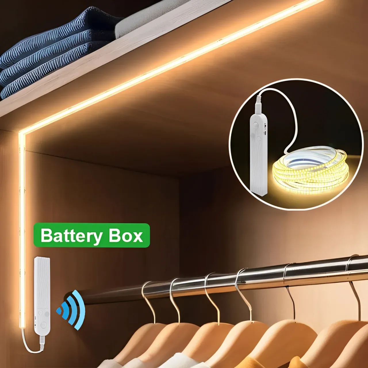 Bande LED avec capteur de mouvement PIR (portée de 1 à 5 m) – Veilleuse sans fil sur batterie pour armoires, escaliers, chambres et cuisines