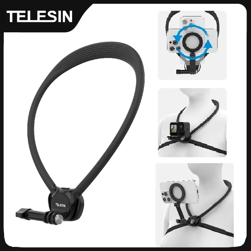 Support de cou TELESIN 2 en 1 pour téléphone et caméra d'action, compatible GoPro, Insta360, DJI OSMO Action