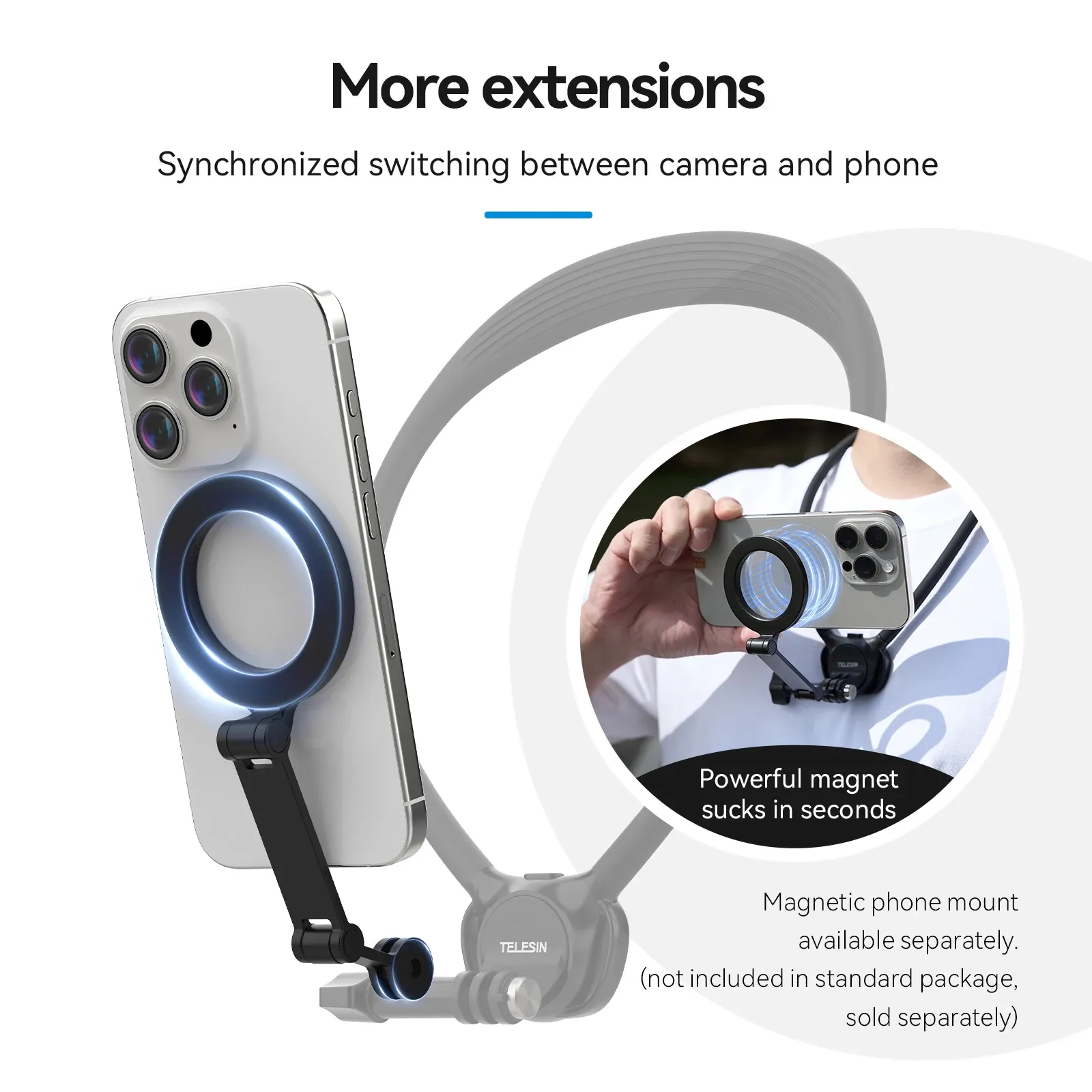 Support de cou TELESIN 2 en 1 pour téléphone et caméra d'action, compatible GoPro, Insta360, DJI OSMO Action 6