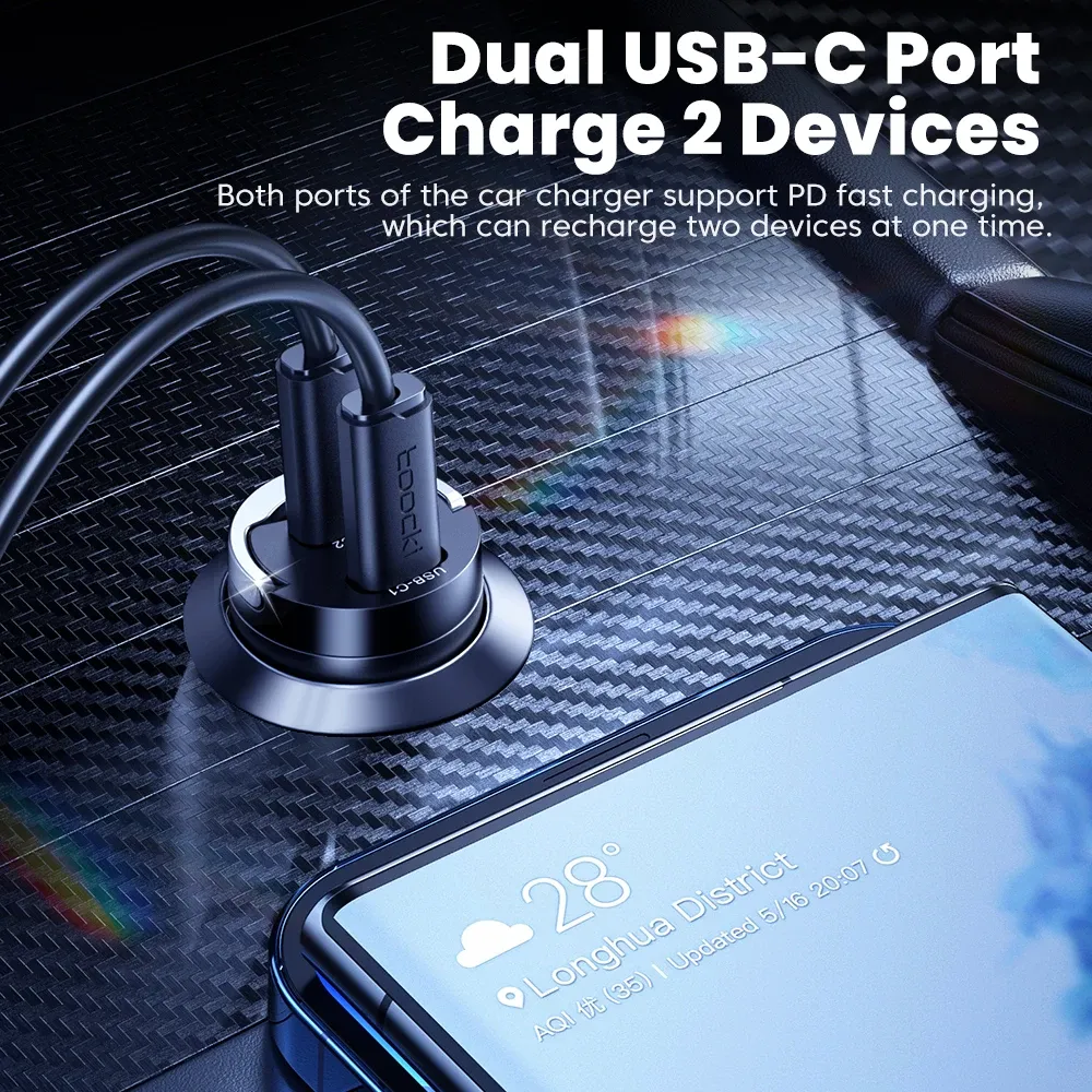 Toocki Chargeur de voiture 45W double ports USB Type-C, charge rapide 3.0, compatible FCP et SCP, pour iPhone, Xiaomi, Huawei et Samsung 2