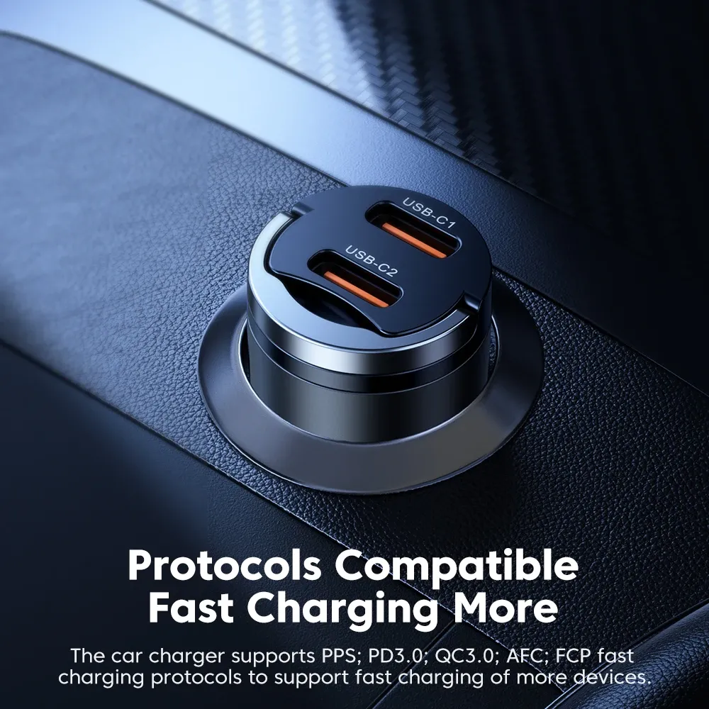 Toocki Chargeur de voiture 45W double ports USB Type-C, charge rapide 3.0, compatible FCP et SCP, pour iPhone, Xiaomi, Huawei et Samsung 6