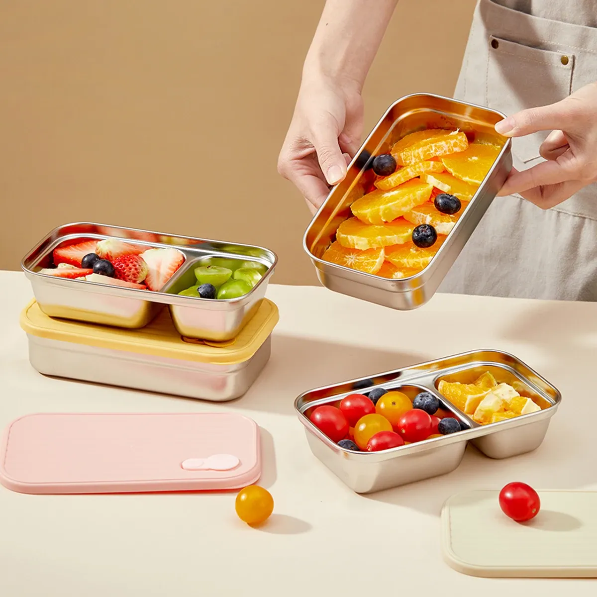 WORTHBUY Boîte à déjeuner portable en acier inoxydable 304 avec couvercle, récipient alimentaire pour salade de fruits, boîte Bento empilable anti-fuite pour étudiant 3