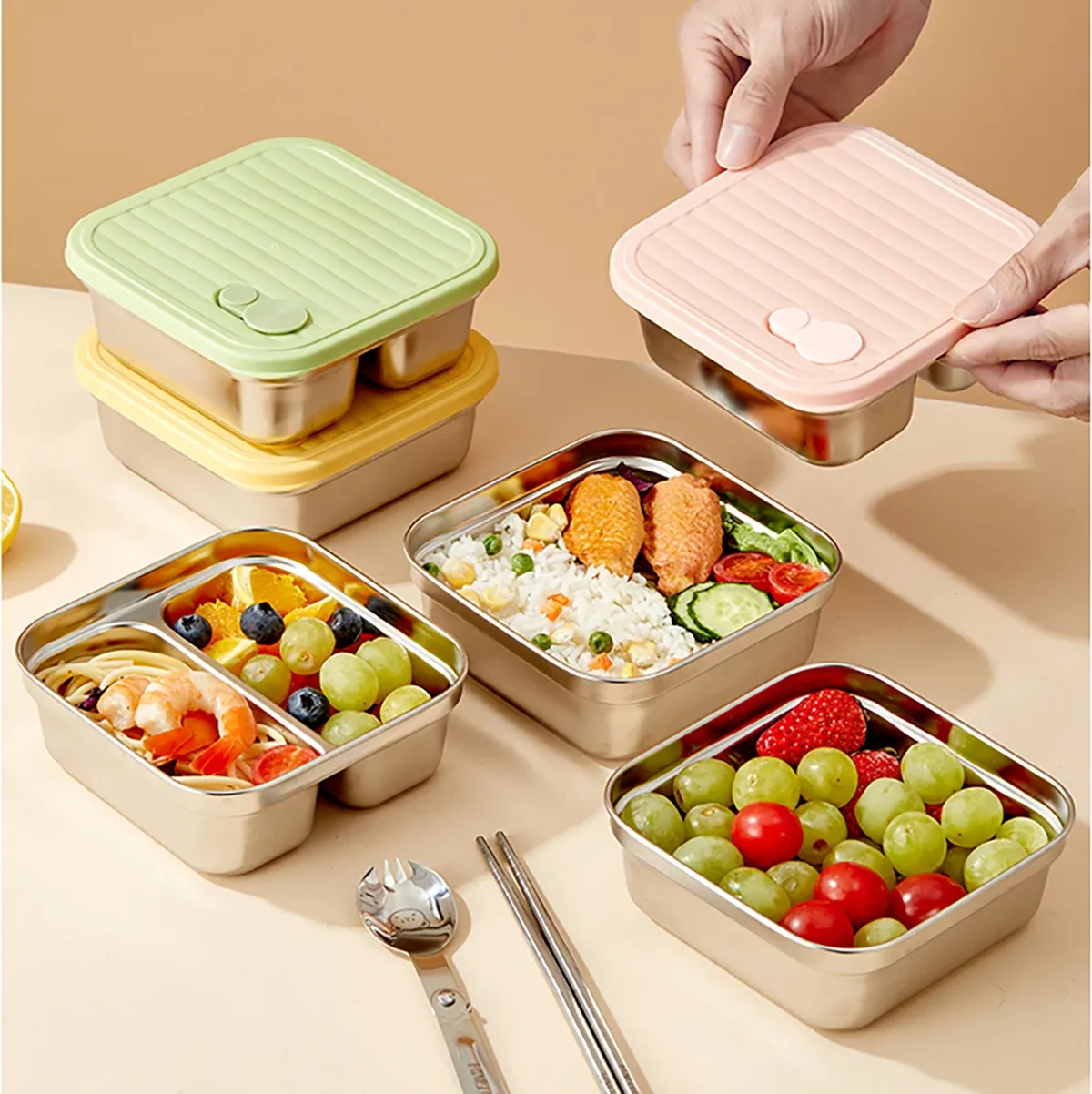 WORTHBUY Boîte à déjeuner portable en acier inoxydable 304 avec couvercle, récipient alimentaire pour salade de fruits, boîte Bento empilable anti-fuite pour étudiant