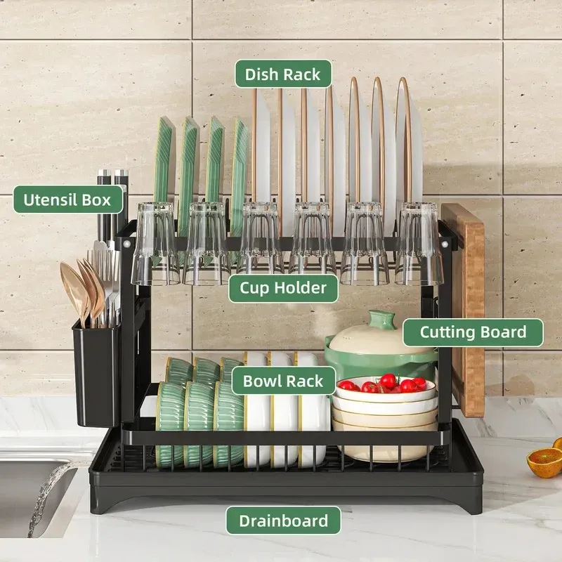 Égouttoir à vaisselle à 2 niveaux avec égouttoir, porte-ustensiles, bec verseur pivotant à 360°, organisateur de cuisine anti-rouille, noir 2