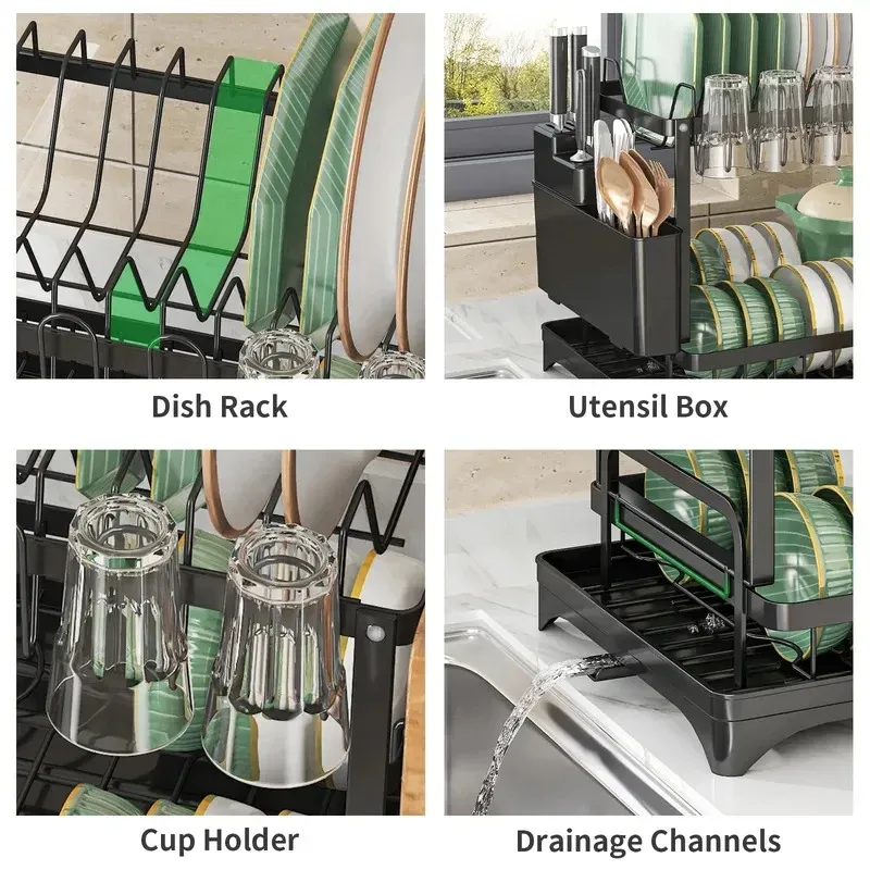 Égouttoir à vaisselle à 2 niveaux avec égouttoir, porte-ustensiles, bec verseur pivotant à 360°, organisateur de cuisine anti-rouille, noir 4