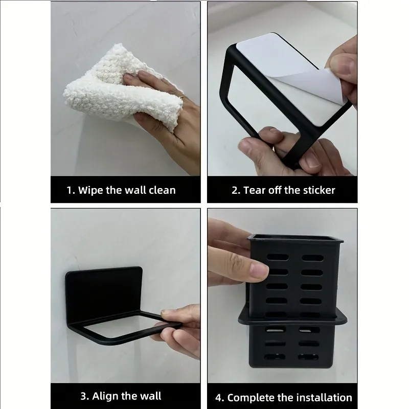 Porte-dentifrice et brosse à dents muraux noirs. Boîte de rangement pour articles de salle de bain, téléphones et télécommandes AC. Installation sans trace. 5
