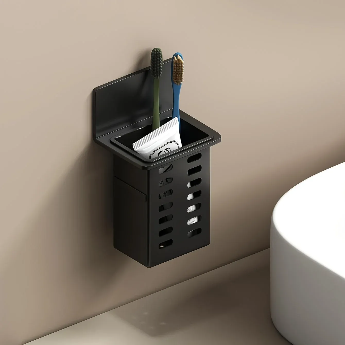 Porte-dentifrice et brosse à dents muraux noirs. Boîte de rangement pour articles de salle de bain, téléphones et télécommandes AC. Installation sans trace. 8