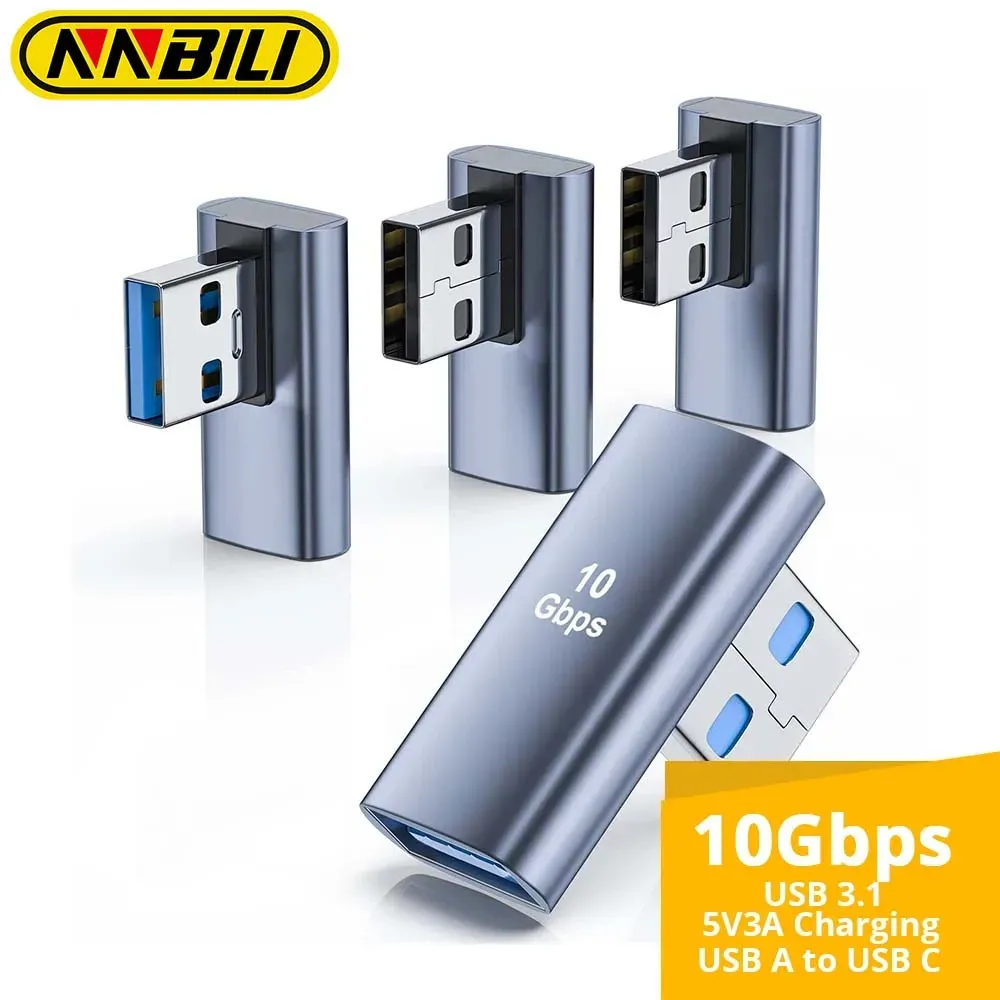 Adaptateur USB 3.1 coudé 90 degrés, USB-A mâle vers USB-A femelle, pour ordinateur portable, chargeur de voiture, batterie externe et la plupart des appareils USB