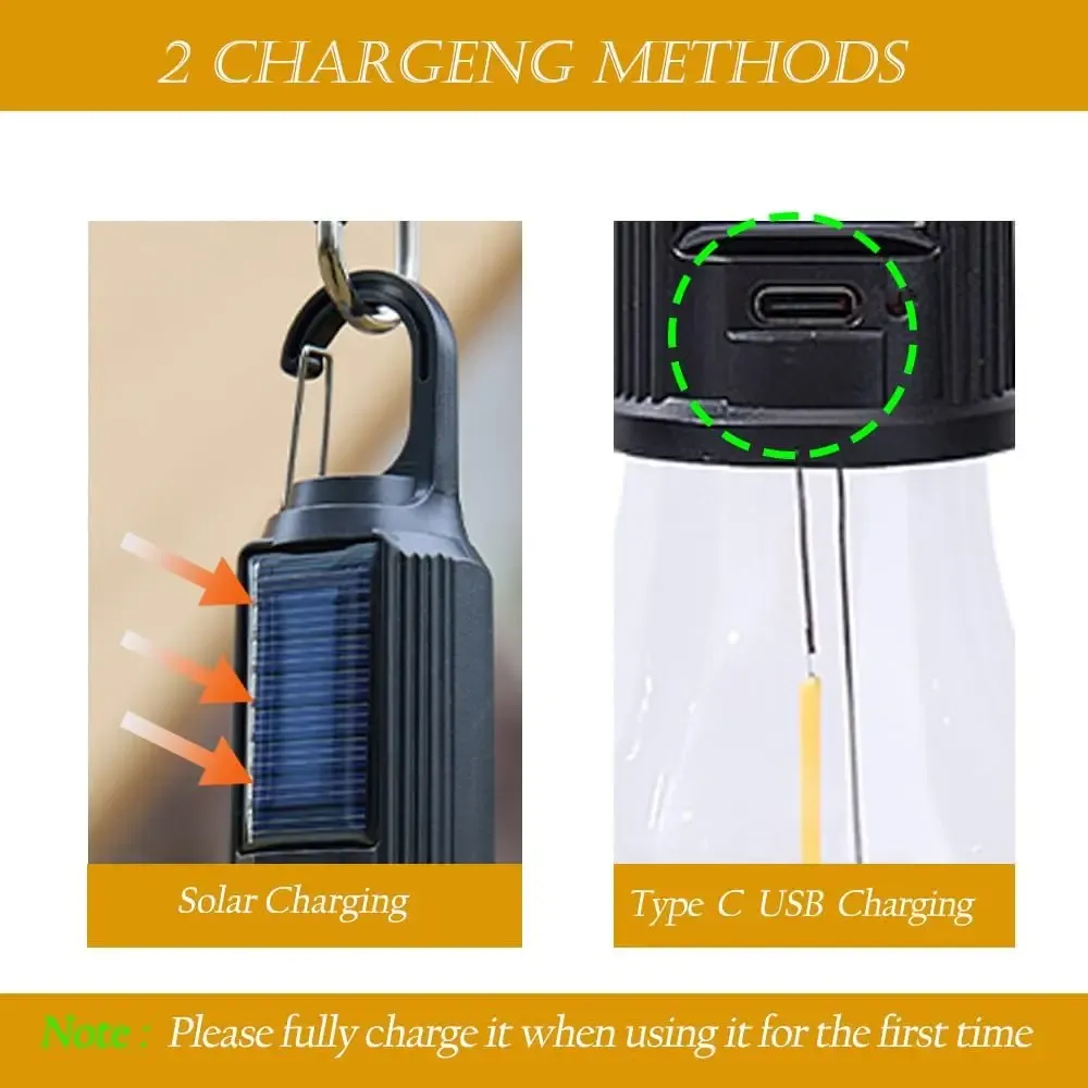 Lampe solaire de camping suspendue, portable et étanche, rechargeable par USB et énergie solaire 4