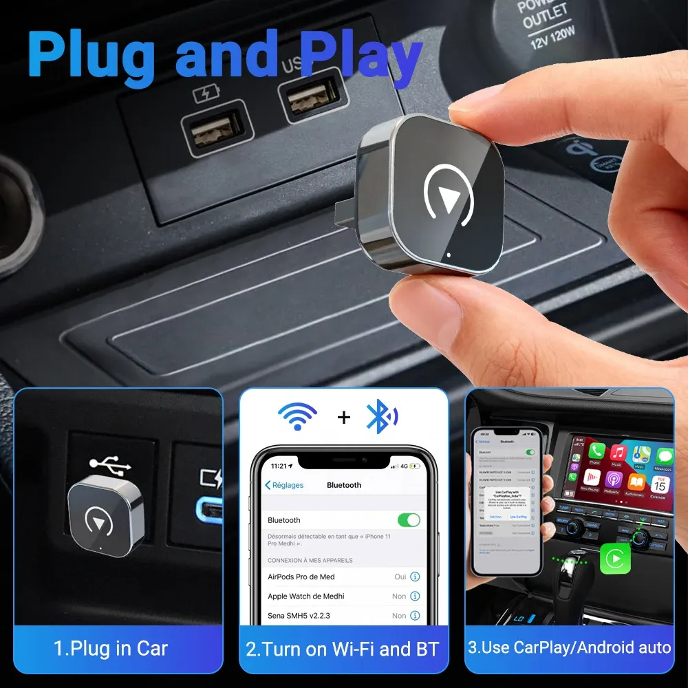 Adaptateur CarPlay sans fil pour iPhone – Mini Plug & Play, connexion automatique, Wi-Fi 5 GHz à faible latence, compatible iOS 10+ 4