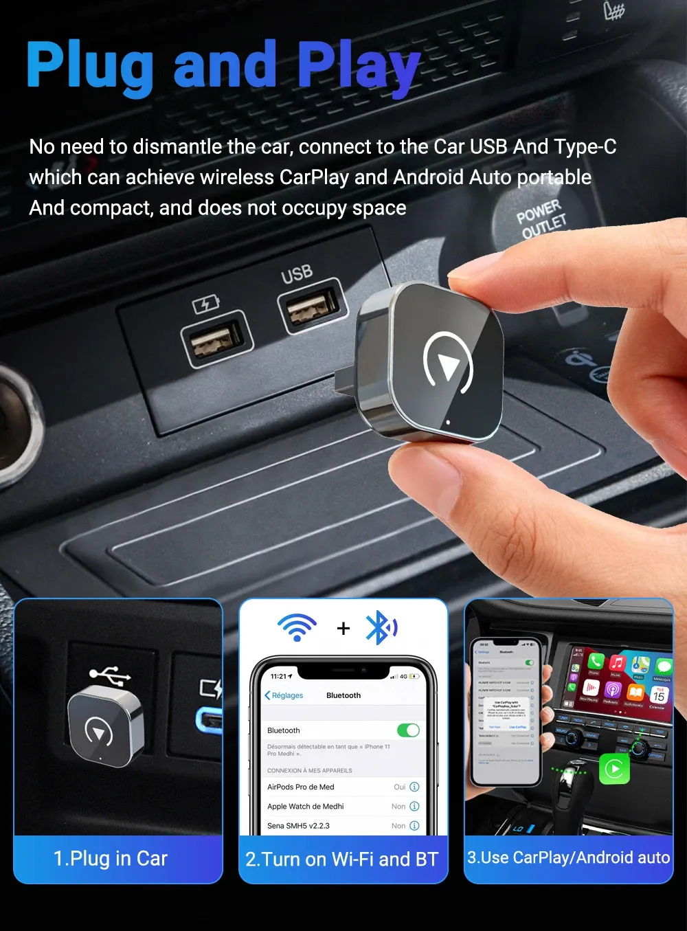 Adaptateur CarPlay sans fil, finition métallique